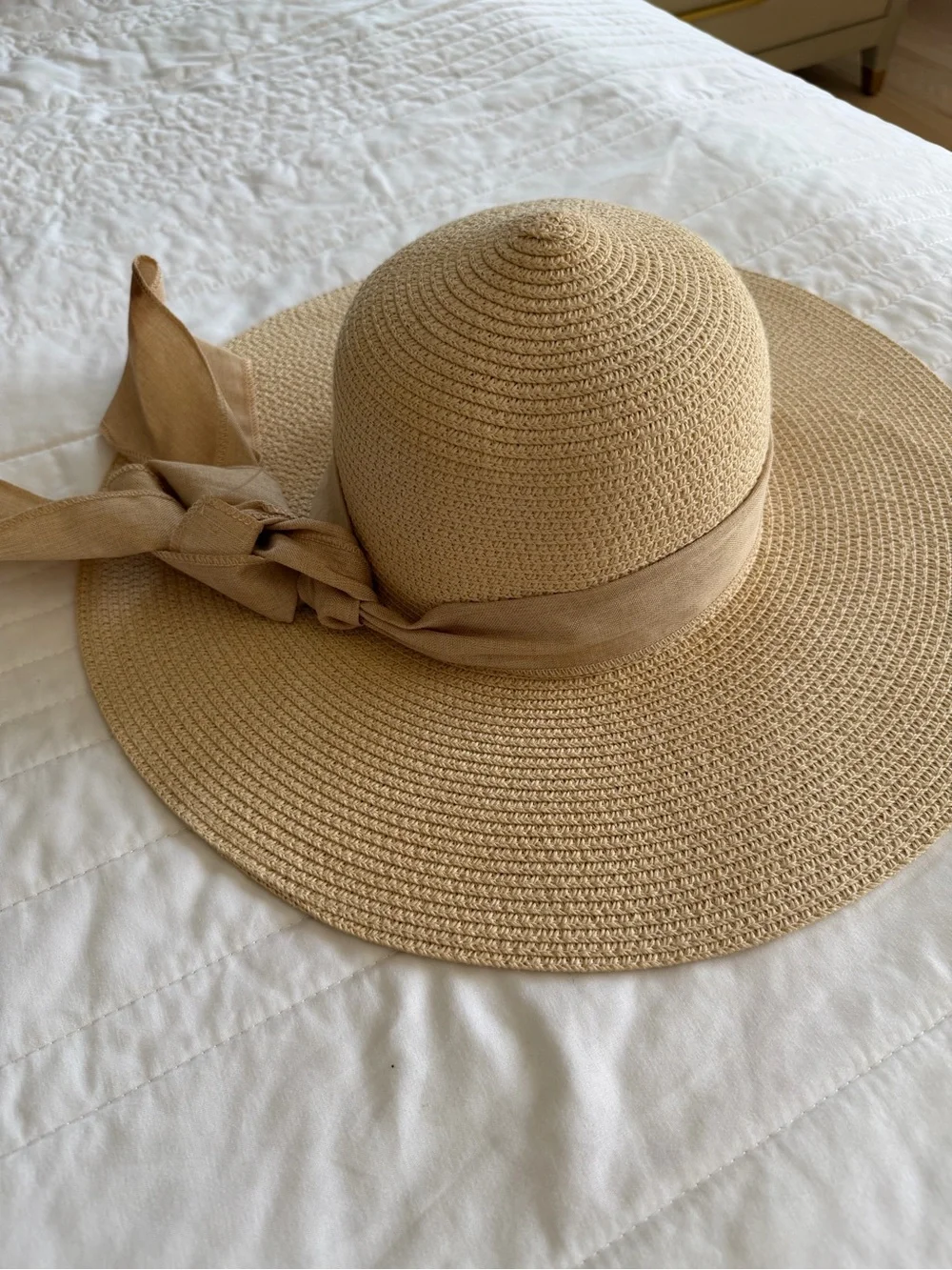 Wide Brim Straw Sun Hat with Bow - Beige